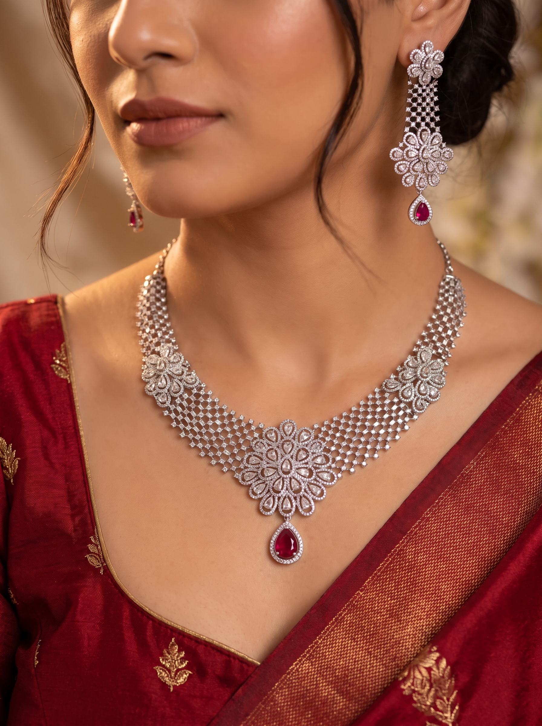 Silver CZ Ruby Bridal Necklace Set — Close-up on Red Saree